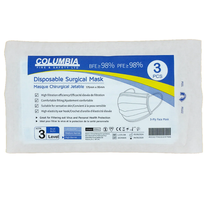 LEO Level 3 ASTM surgical face masks in a sterile individual packet, 3-pack set.