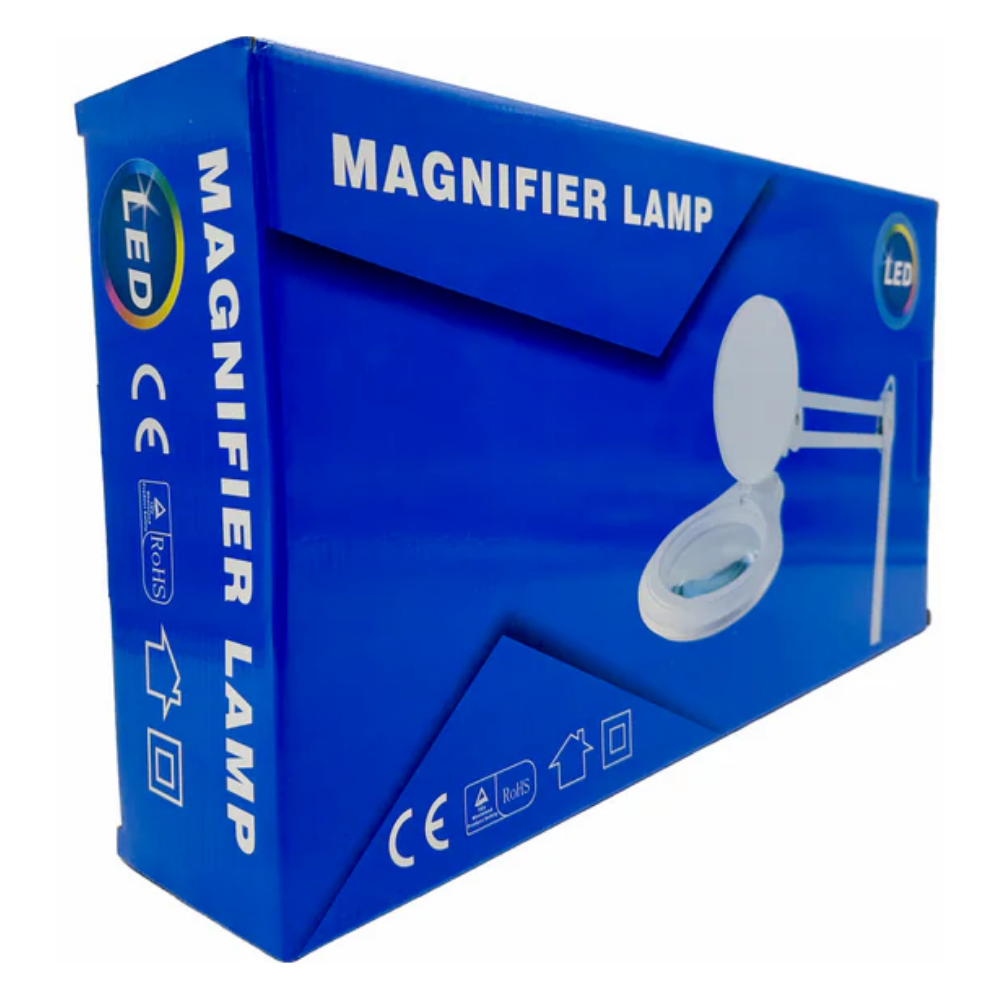Side perspective view of the blue retail shelf box for the LEO magnifier lamp series detailing global industrial safety shipping symbols.