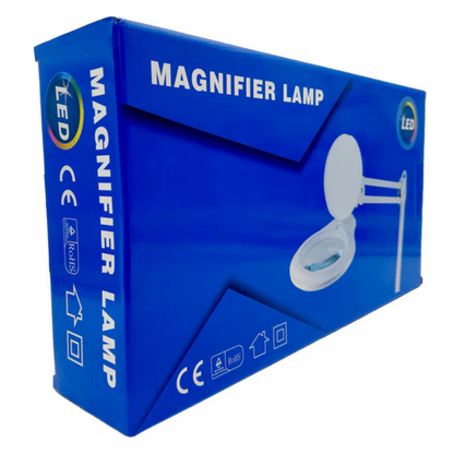 Side perspective view of the blue retail shelf box for the LEO magnifier lamp series detailing global industrial safety shipping symbols.