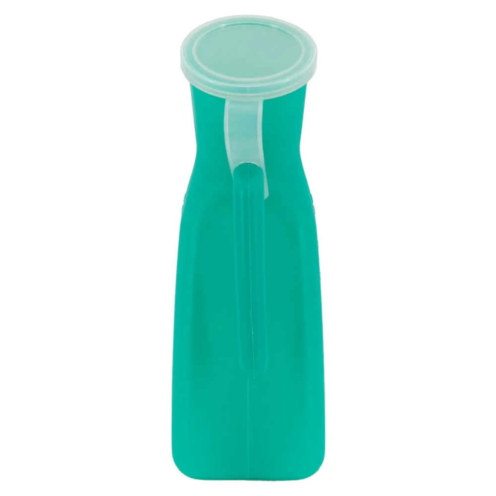 The LEO L-025-142 plastic male urinal with cover, displayed inside its official retail store packaging box.