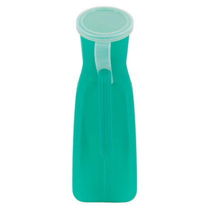 The LEO L-025-142 plastic male urinal with cover, displayed inside its official retail store packaging box.