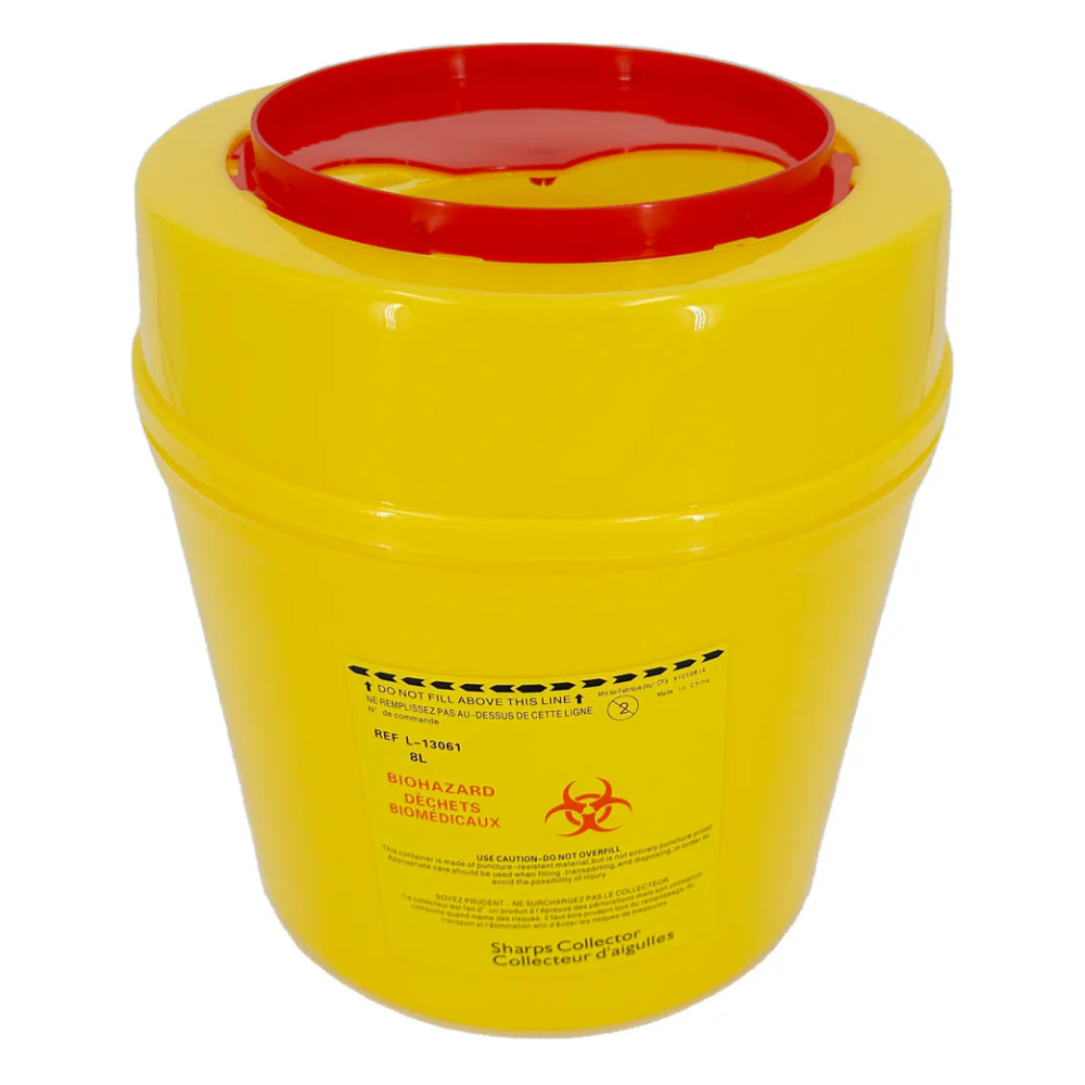 LEO red medical sharps container for safe needle and syringe disposal.