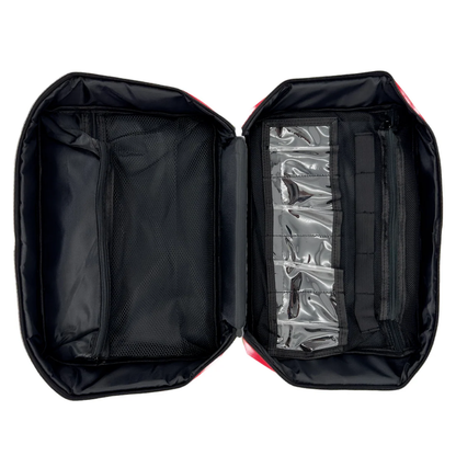 Fully opened red LEO medical trauma bag highlighting inner wall mesh pockets and elastic straps for securing supplies.