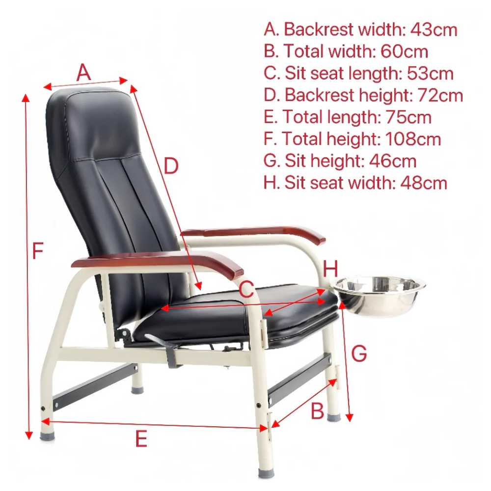 Full view of a blue upholstered LEO medical treatment chair with an attached white wash basin and adjustable steel frame