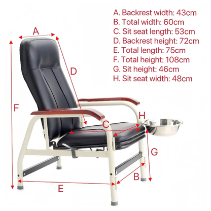 Full view of a blue upholstered LEO medical treatment chair with an attached white wash basin and adjustable steel frame