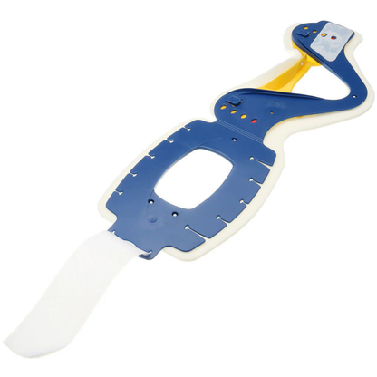 Flat layout view of a white and yellow LEO multi-adjustable cervical extrication collar with a chin piece