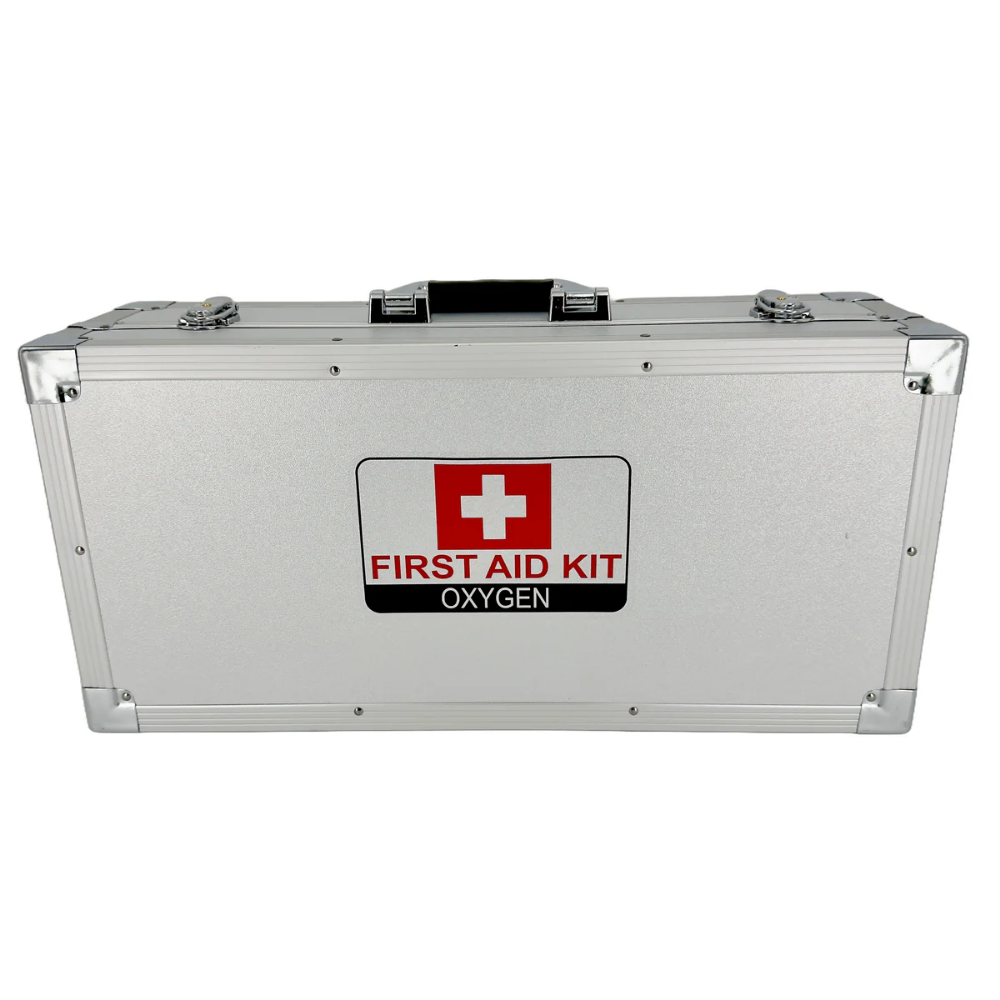 A LEO N-12462 emergency oxygen therapy unit featuring a medical-grade oxygen cylinder and regulator set inside a protective yellow hard case.