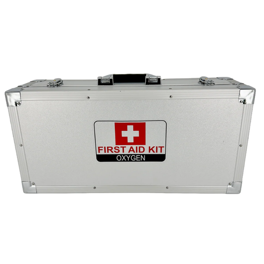 A LEO N-12462 emergency oxygen therapy unit featuring a medical-grade oxygen cylinder and regulator set inside a protective yellow hard case.