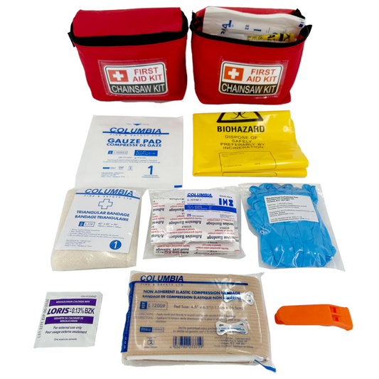LEO N-200-5 Chainsaw First Aid Kit soft red case with full contents including gauze bandages gloves and whistle