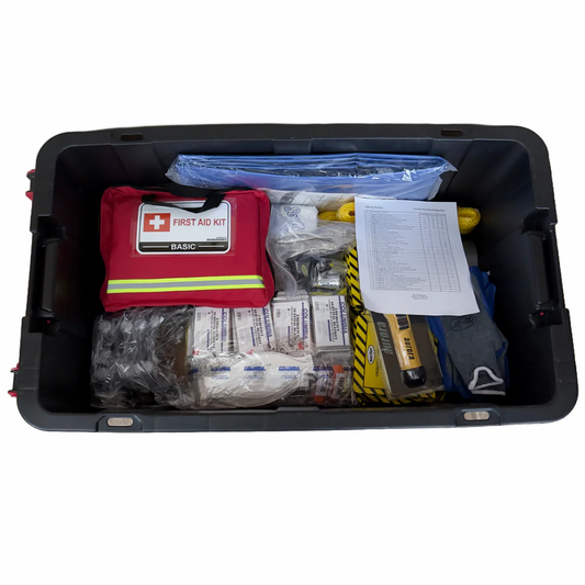 A comprehensive LEO N-EQK10P 10-person emergency survival kit featuring multi-day supplies of food, water, and safety gear in a durable bag.