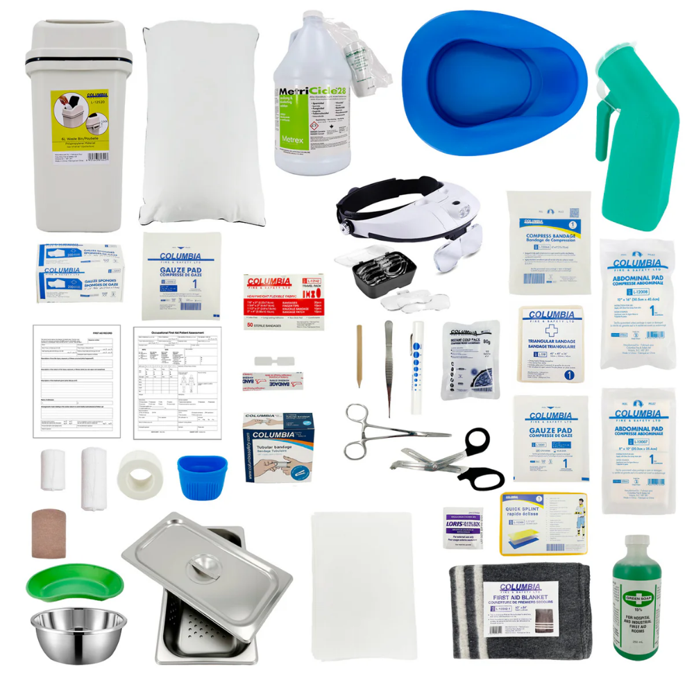 A professional LEO N-WSBC06 First Aid Room Kit featuring an organized array of sterile bandages, antiseptic sprays, and emergency medical supplies.