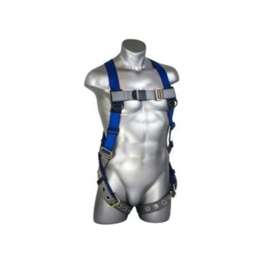 Front view of the LEO NPH-29 full-body fall protection safety harness featuring high-strength green and black polyester webbing with a pass-through chest strap.