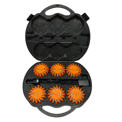 LEO 6-piece orange LED safety flare kit inside a black hardshell charging case with included AC and DC power adapters for emergency roadside use.