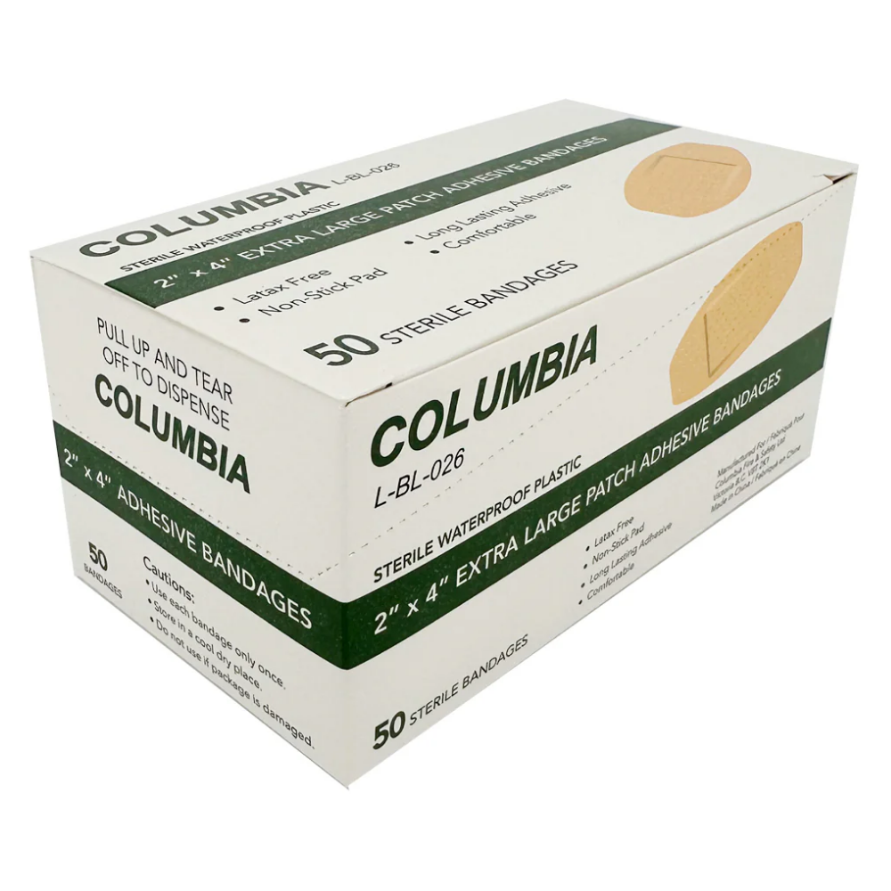 LEO large 2x4 inch sterile patch bandages in a 50-count retail box.