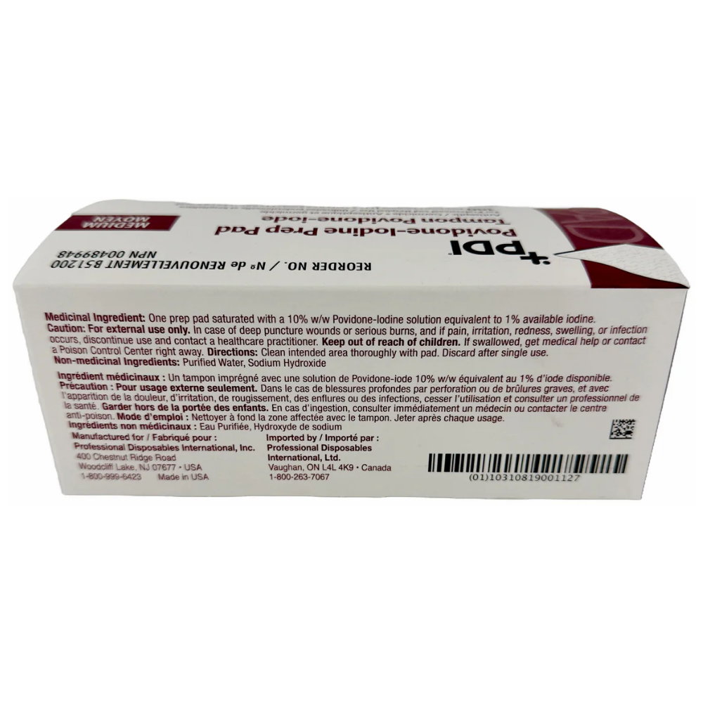 LEO PDI Povidone-Iodine Medium Prep Pad 100 box bottom side ingredients label