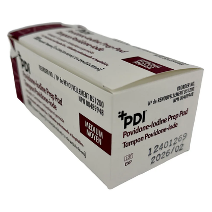 LEO PDI Povidone-Iodine Medium Prep Pad 100 box side view lot expiry B51200