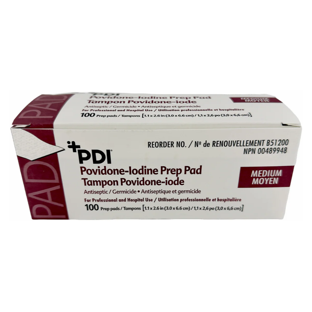 LEO PDI Povidone-Iodine Medium Prep Pad 100 count box front antiseptic germicide