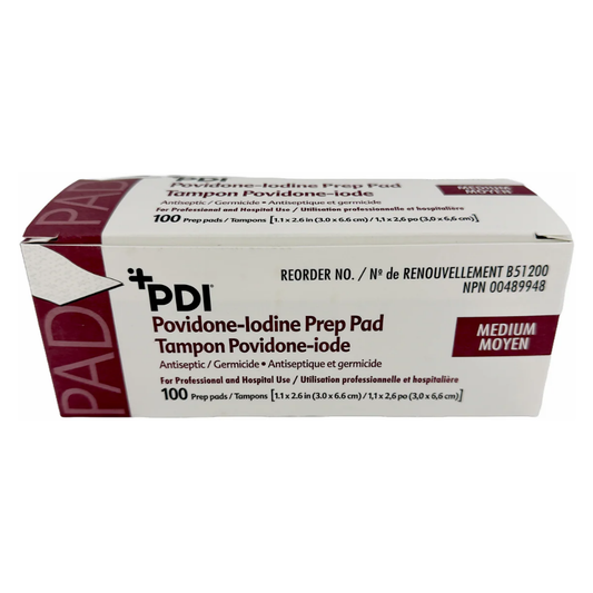 LEO PDI Povidone-Iodine Medium Prep Pad 100 count box front antiseptic germicide