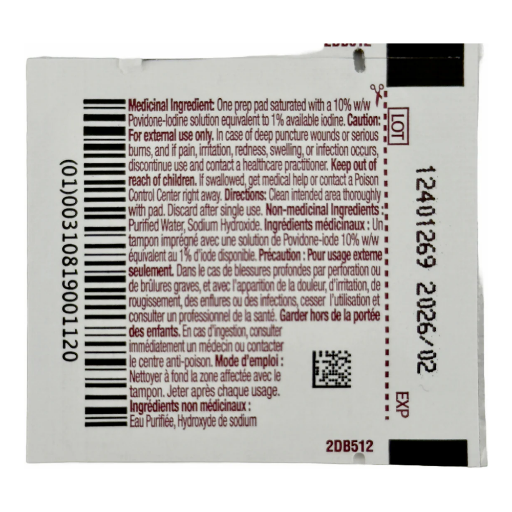 LEO PDI Povidone-Iodine Medium Prep Pad single foil packet back ingredients