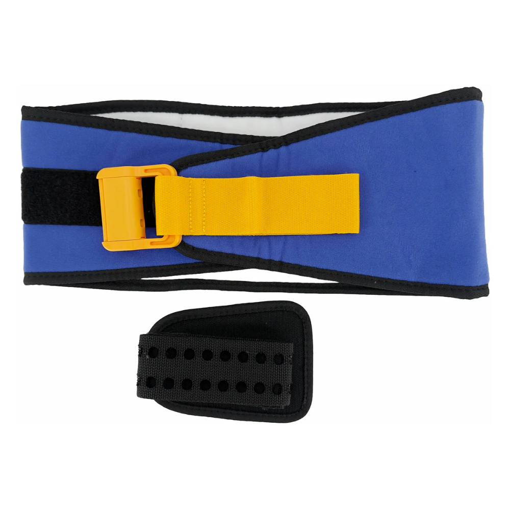 LEO Pelvic Sling blue unfolded with yellow click buckle and velcro pad