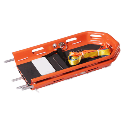 Heavy-duty orange LEO plastic break-away basket stretcher with a black back cushion and secure patient straps.