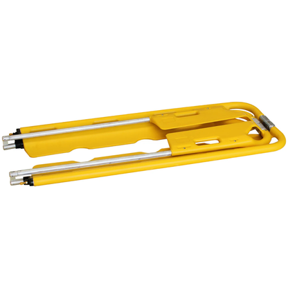 Lightweight yellow LEO plastic scoop stretcher with a twin-safety lock center hinge design for patient immobilization