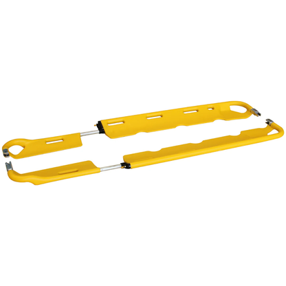 LEO yellow plastic scoop stretcher showing the uncoupled split mechanism used to gently slide under trauma patients.