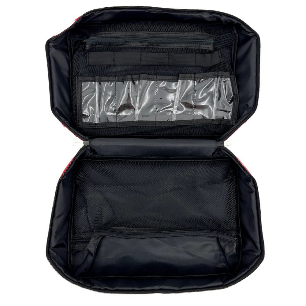 Open view of the red LEO polyester first aid bag showing spacious interior compartments and mesh pocket organizers.
