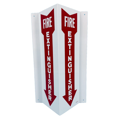 Back angle of a white plastic projected fire extinguisher sign showing pre-drilled mounting holes.