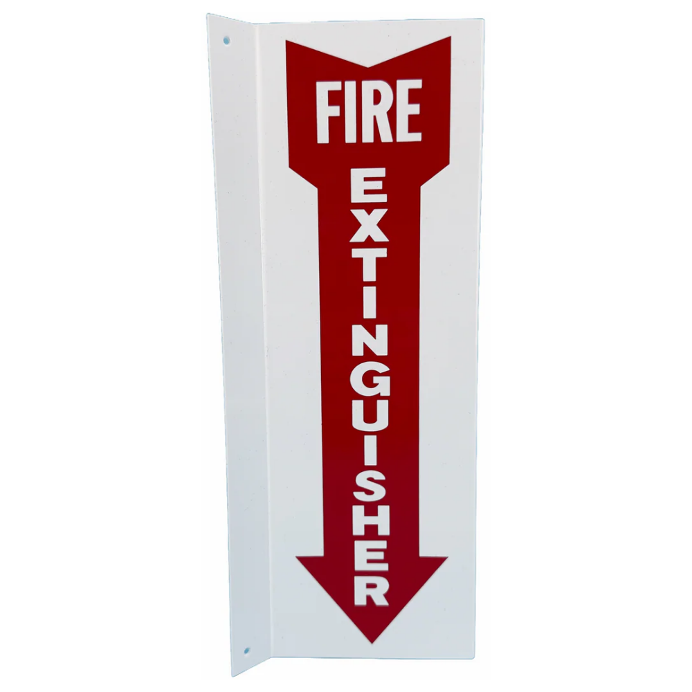 Side profile view of a 4x18 inch projected fire extinguisher sign showing mounting flange.