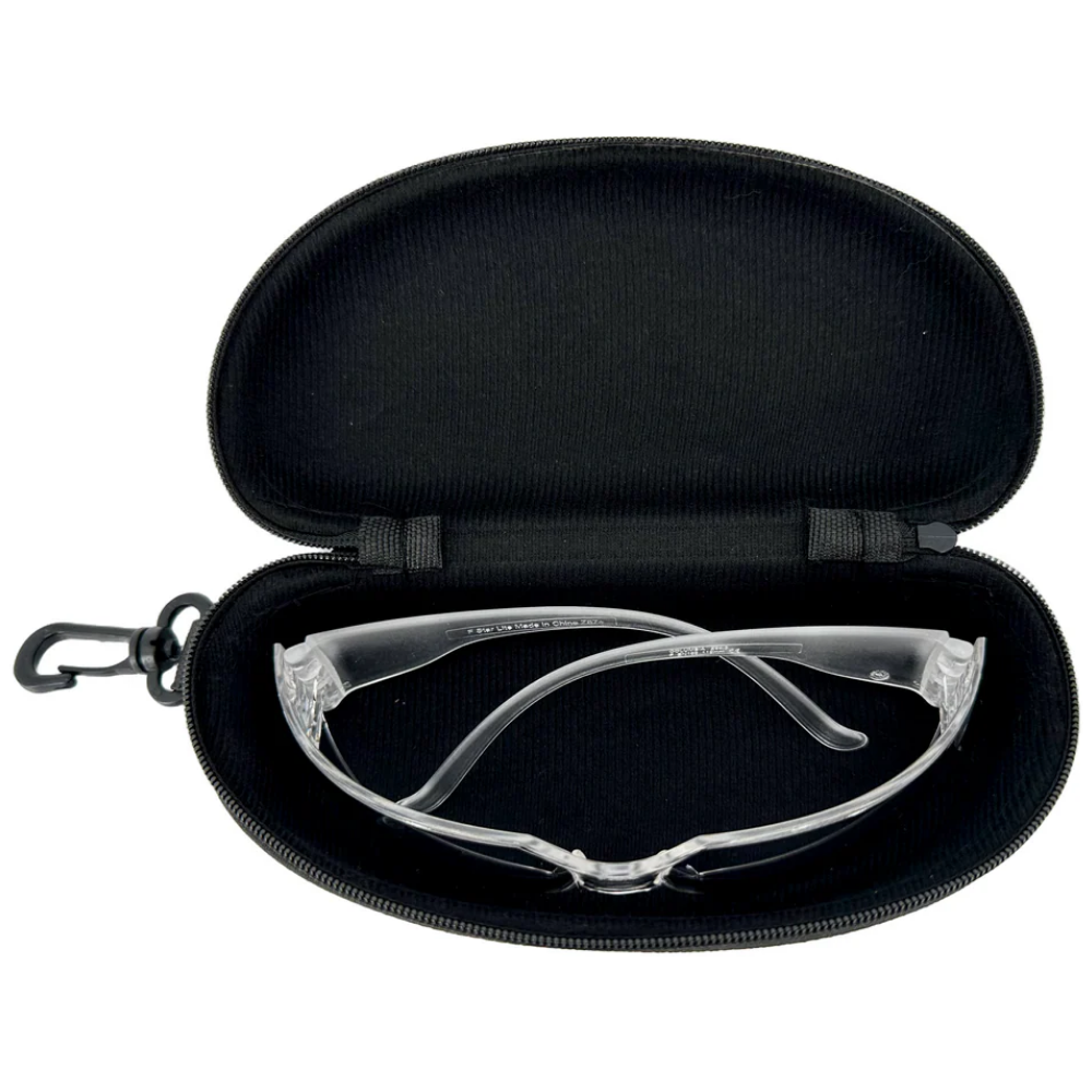 Open view of the black LEO protective eyewear hard case showing the spacious interior for safety goggles.