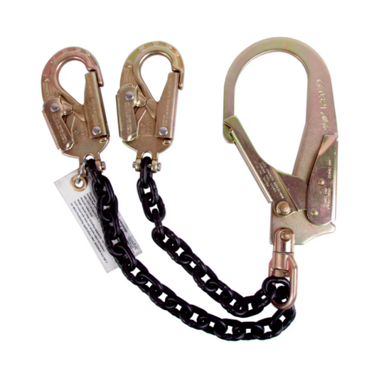 LEO rebar chain assembly with large rebar hook and double snap hooks for fall positioning.
