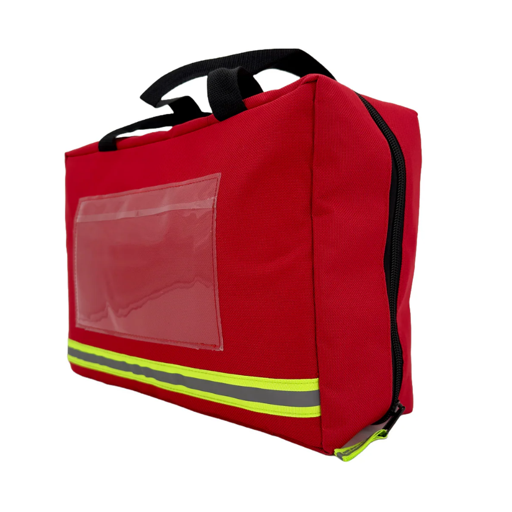 Side profile view of the durable red LEO emergency trauma bag showing its compact width and nylon fabric texture