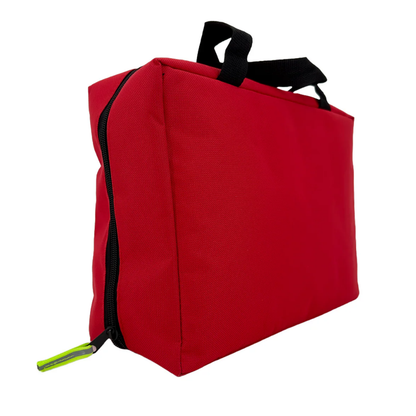 Side profile view of the durable red LEO emergency trauma bag showing its compact width and nylon fabric texture