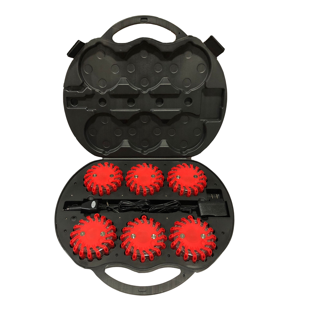 LEO 6-piece red LED safety flare kit inside a black hardshell charging case with AC and DC power adapters for emergency roadside use.