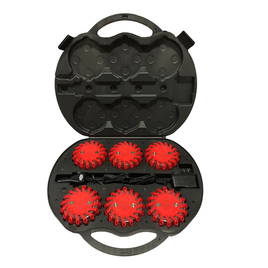 LEO 6-piece red LED safety flare kit inside a black hardshell charging case with AC and DC power adapters for emergency roadside use.