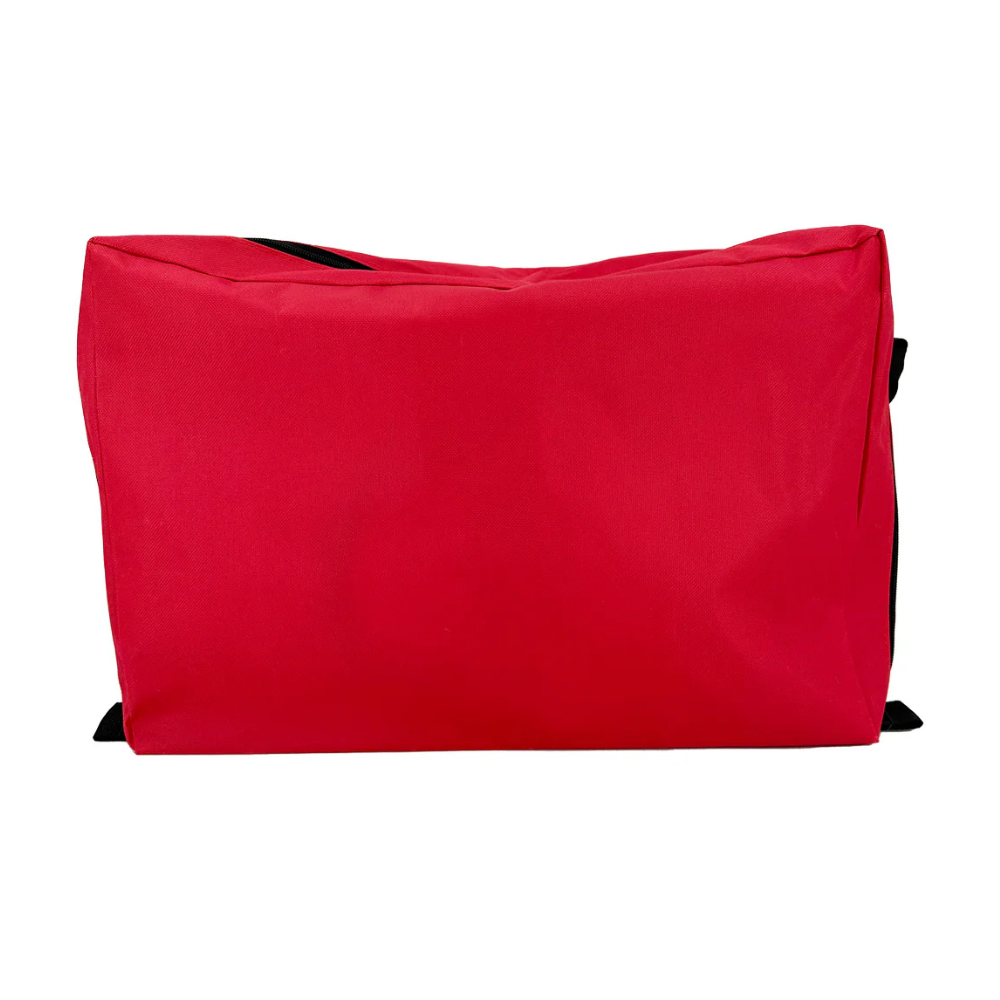 Rear view of the red LEO nylon medical backpack showing adjustable padded shoulder straps and a top carrying handle