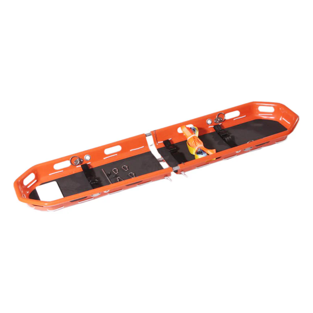 Close-up view of the heavy-duty interlocking pins and split mechanism on the LEO plastic break-away basket stretcher