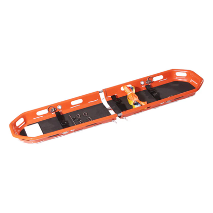 Close-up view of the heavy-duty interlocking pins and split mechanism on the LEO plastic break-away basket stretcher