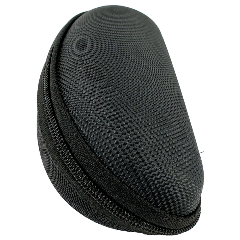 Side profile view of the durable black LEO storage case for safety glasses highlighting its ergonomic curved shape.