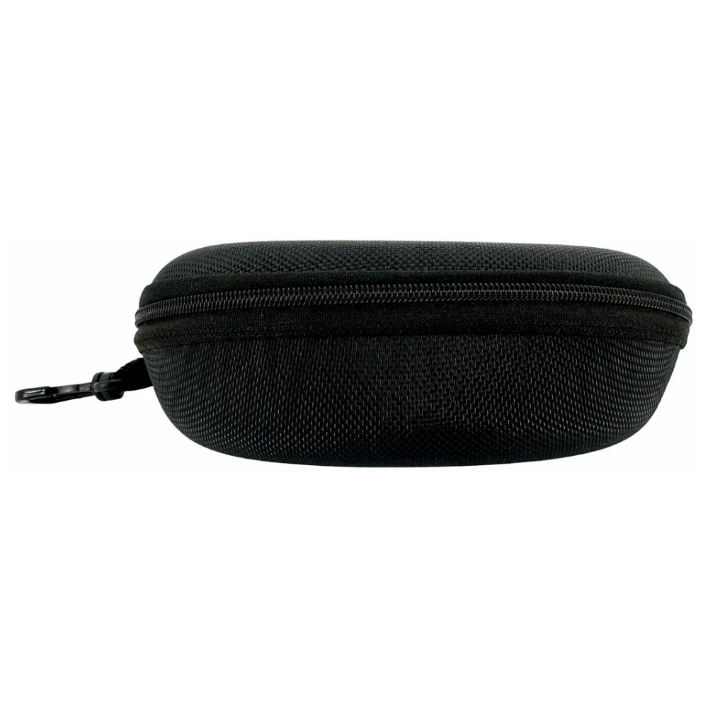 Base view of the heavy-duty black LEO safety goggles carrying case showing its smooth structural design.