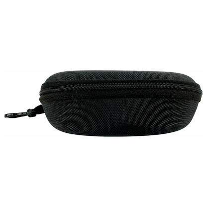 Base view of the heavy-duty black LEO safety goggles carrying case showing its smooth structural design.