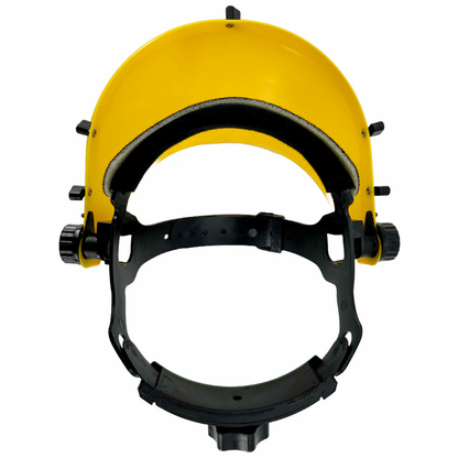 Rear view of the yellow LEO headgear highlighting the secure-fit adjustable ratchet knob mechanism.