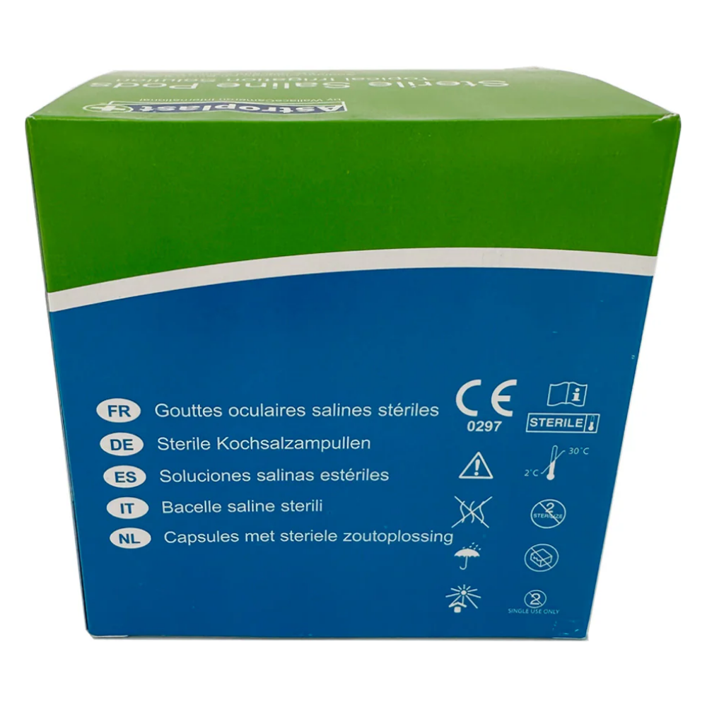 Multiple strips of individual 20ml LEO sterile saline emergency eyewash and wound irrigation pods out of the box.