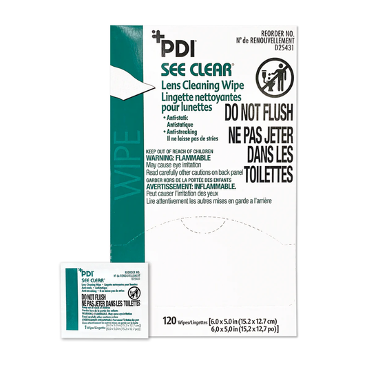 Box of 120 individually wrapped LEO See Clear anti-fog and anti-static lens cleaning wipes by PDI for safety glasses.