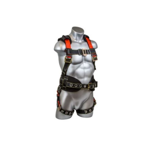Full-body view of the LEO Seraph construction harness, highlighting the heavy-duty shoulder straps, integrated back pad, and side positioning D-rings.