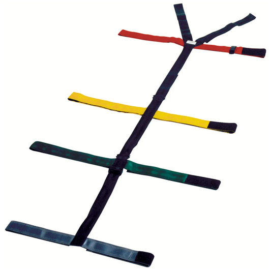 LEO spider strap quick restraint system with multi-colored hook-and-loop straps laid out flat for spine board immobilization.