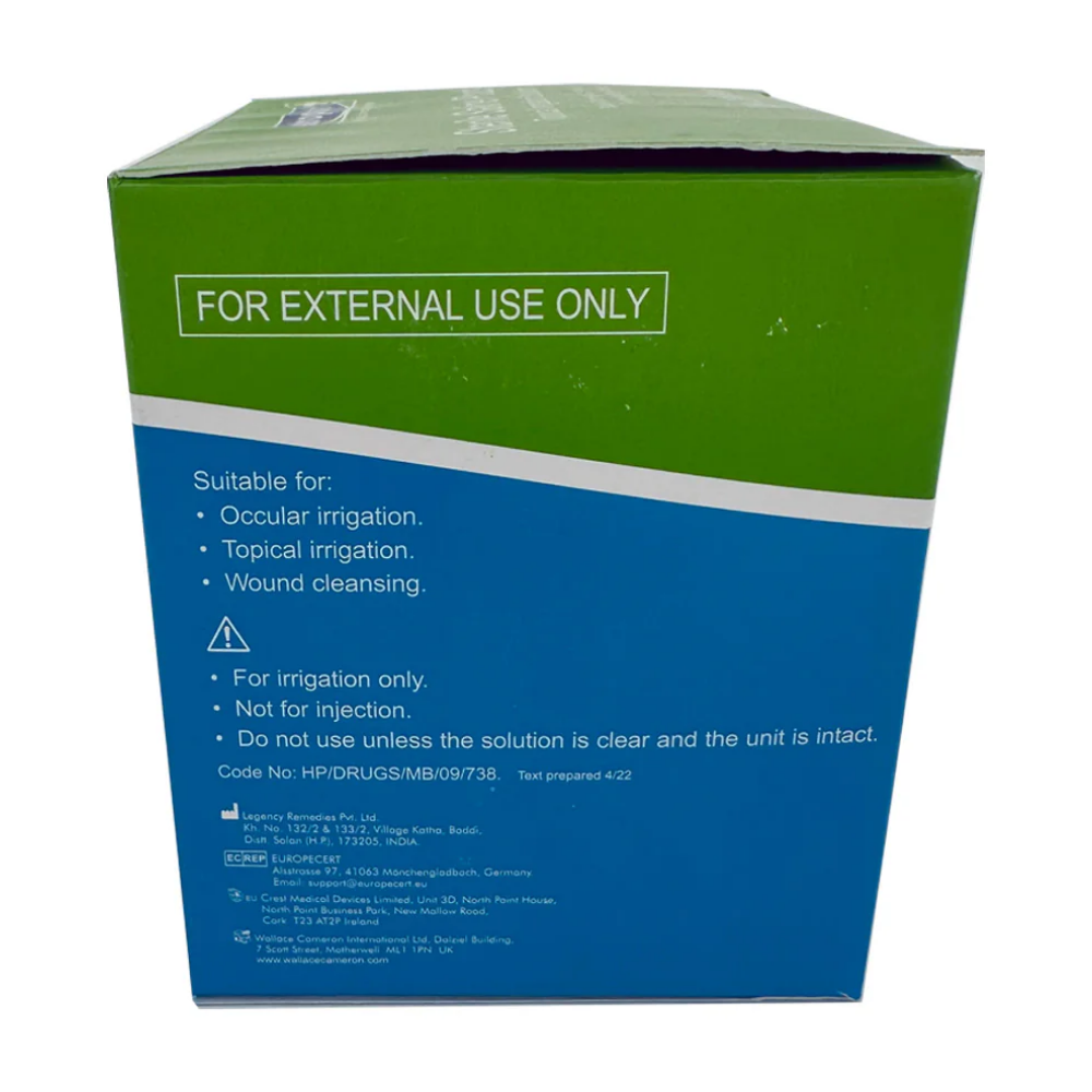 Product packaging box of LEO sterile saline pods 20ml containing a 25 pack for eye wash and wound cleansing.