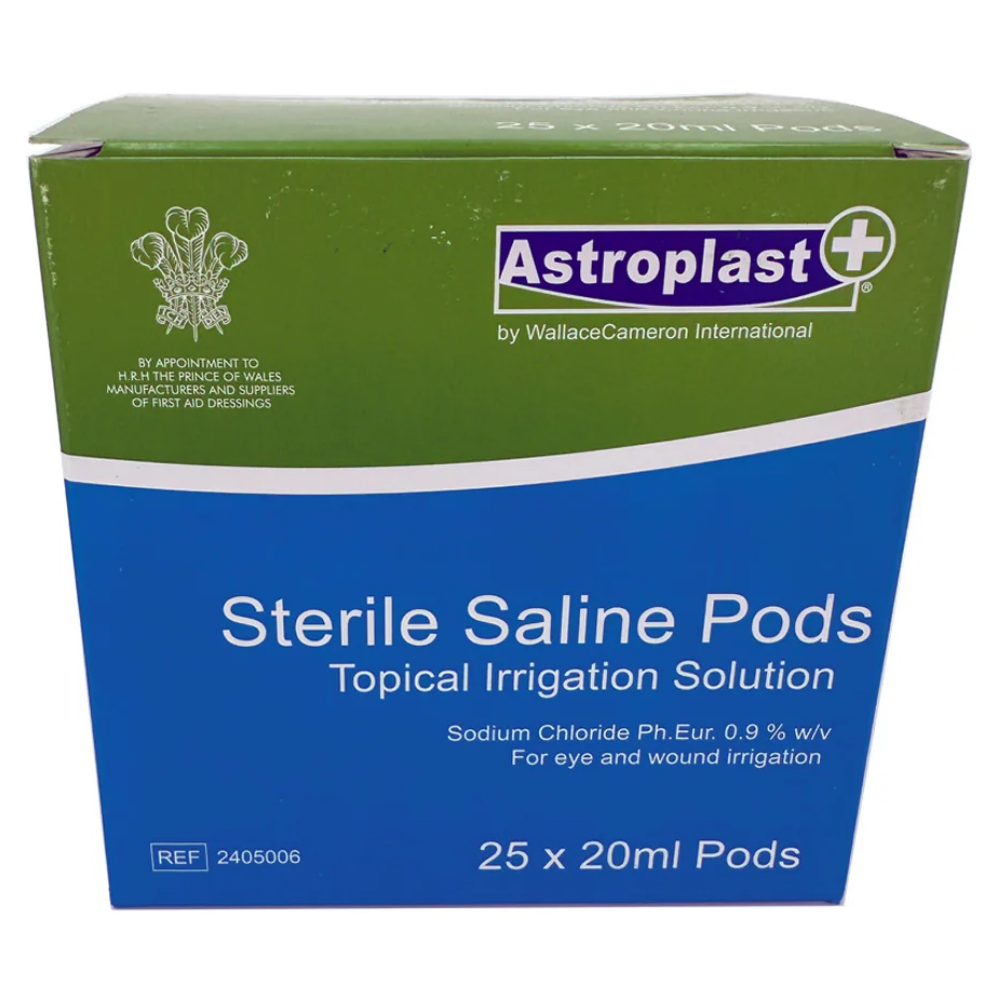 Close-up view of three connected 20ml LEO medical-grade sterile saline solution pods highlighting the twist-off caps.