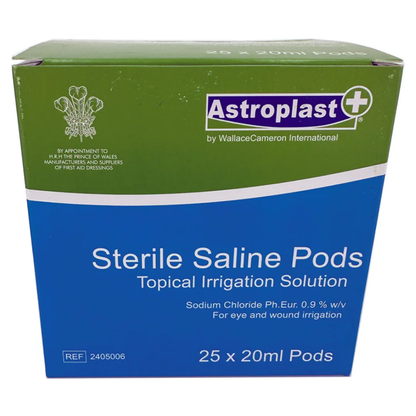 Close-up view of three connected 20ml LEO medical-grade sterile saline solution pods highlighting the twist-off caps.